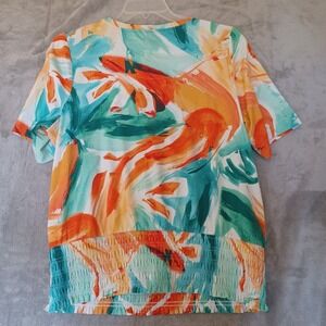 Chicos Top Lg Artsy Colorful Abstract Short Sleeve Travel Stretch Smocked Waist